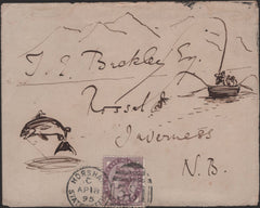138908 1895 FRONT HORSHAM, SUSSEX TO INVERNESS WITH HAND INK ILLUSTRATIONS RELATING TO FISHING.