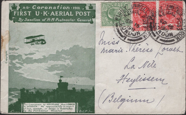 138982 1911 FIRST OFFICIAL U.K. AERIAL POST/LONDON ENVELOPE IN BRIGHT GREEN TO BELGIUM.
