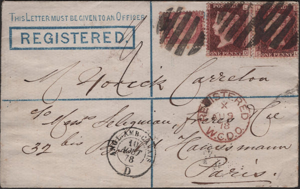 139176 1878 2D BLUE REGISTERED ENVELOPE LONDON TO PARIS UPRATED WITH ½D (SG48) AND 1D (SG43) X 2.