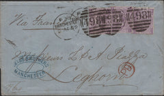 139226 1869 MAIL MANCHESTER TO LEGHORN, ITALY WITH 6D LILAC (SG104) X 3.