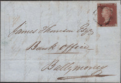 139270 1843 MAIL BALLYHIBISTOCK, CO. ANTRIM TO BALLYMONEY, 1D PL.27 (SG8), 'DERVOCK 'UDC.