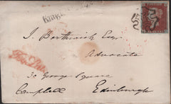139271 1843 MAIL LONDON TO EDINBURGH, 1D PL.26 (SG8) (EI) with 'Too Late' HANDSTAMP IN RED.
