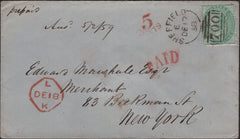 139297 1858 MAIL SHEFFIELD TO NEW YORK WITH 1S GREEN (SG72).