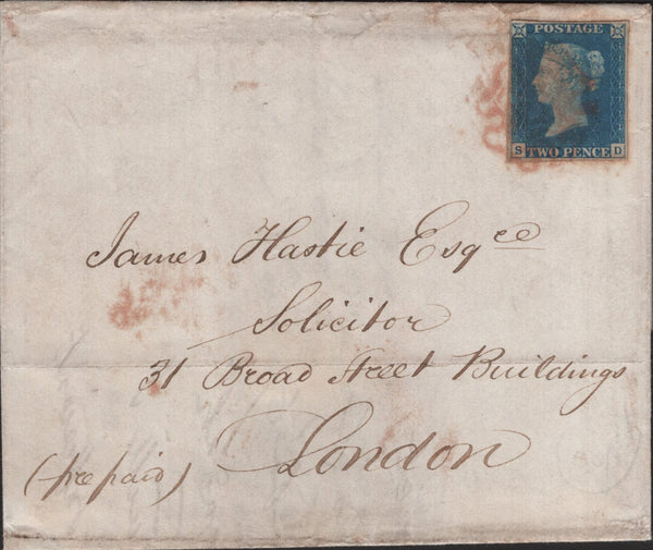 139434 1840 2D BLUE PL.1 (SG6)(SD) GOOD TO FINE USED ON COVER.