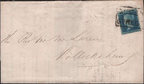 139531 1855 MAIL GLASGOW TO POLLOCKSHAW WITH 2D BLUE PL.4 (SG23), 'QUEEN/STREET' SCOTS LOCAL CANCELLATION.