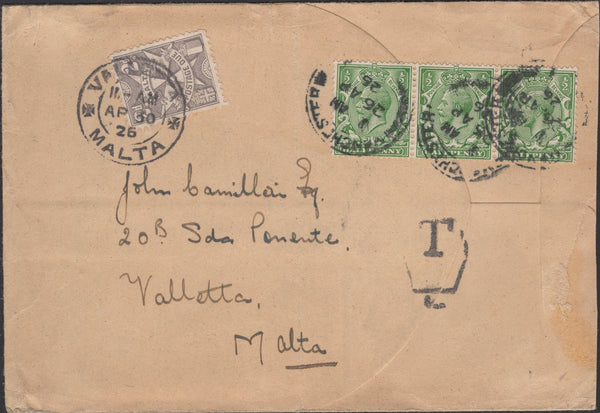 139550 1926 UNDERPAID MAIL MANCHESTER TO MALTA WITH MALTA POSTAGE DUE.