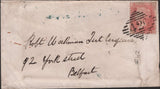 139636 1857 MAIL TARBERT, CO. KERRY TO BELFAST WITH DIE 2 1D PL.38 PALE ROSE SAVOY STREET PRINTING (SPEC C9A(1), 'BALLYLONGFORD' RECEIVERS HAND STAMP.