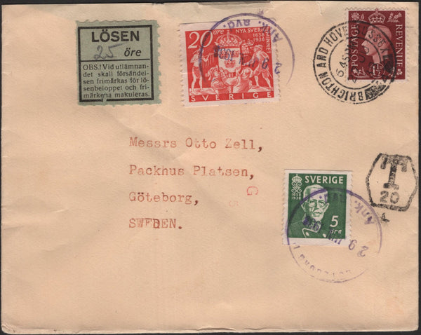 139664 1938 UNDERPAID MAIL BRIGHTON TO SWEDEN WITH SWEDISH POSTAGE DUES.