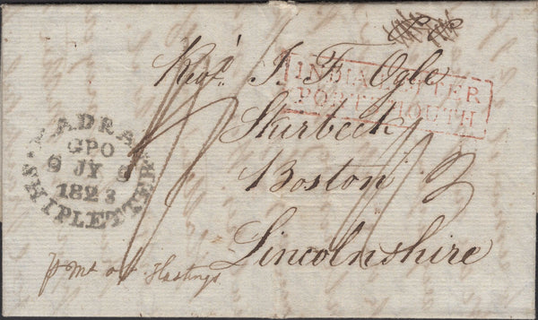 139681 1823 MAIL POONAMALEE, INDIA TO BOSTON, LINCS WITH 'INDIA LETTER/PORTSMOUTH' HAND STAMP IN RED (ROB In.2).