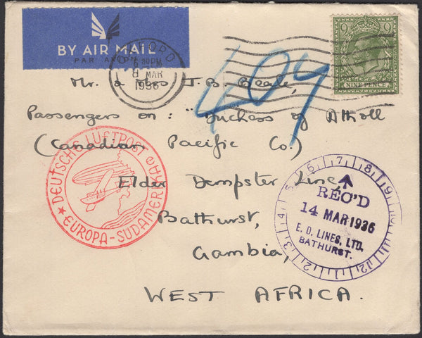 139689 1936 AIR MAIL OXFORD TO THE GAMBIA WITH 9D OLIVE-GREEN (SG427).