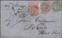 139701 1862 MAIL MANCHESTER TO ROME WITH MIXED SURFACE PRINTED ISSUES, 6D AND 1S NO CORNER LETTERS (SG68/72) AND 4D SMALL CORNER LETTERS (SG80).