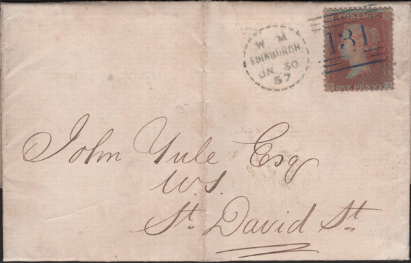 139729 1857 MAIL WITH DIE 2 1D BROWN-ROSE (SG32), 'EDINBURGH/131' DOTTED CIRCLE (RA1) IN BLUE.