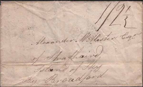 139732 1825 MAIL GLASSARY, ARGYLL AND BUTE TO STRATHAIRD, ISLE OF SKYE WITH 'LOCH/GILPHEAD/487-G' MILEAGE MARK.