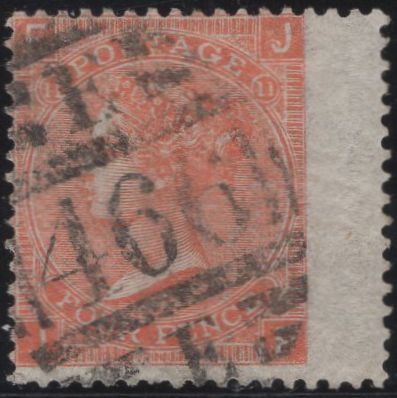 139737 1869 4D VERMILION PL.11 (SG94) TWO GOOD USED EXAMPLES BOTH LETTERED 'JF' AND SHOWING CONSTANT VARIETY 'MARK TOP OF FOOT OF J' NE SQUARE.