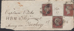139746 1854 TURNED FRONT LONDON TO THE CRIMEA WITH DIE 1 1D PL.179 (SG17) X 3, ALL WITH EXCELLENT MIS-PERFORATION, FRONT TURNED AND RE-USED BACK TO LONDON.
