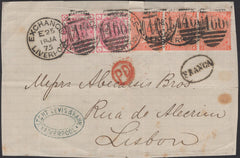 139783 1875 FRONT LIVERPOOL TO LISBON WITH VERY SCARCE COMBINATION 4D LARGE WHITE LETTERS (SG94) AND 3D LARGE COLOURED LETTERS (SG144).