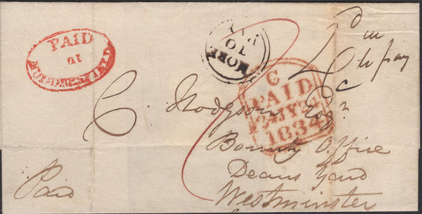 139818 1834 UNDERPAID MAIL HUDDERSFIELD TO LONDON WITH 'MORE TO PAY' HAND STAMP AND OVAL 'PAID/at/HUDDERSFIELD' HAND STAMP (YK1501).