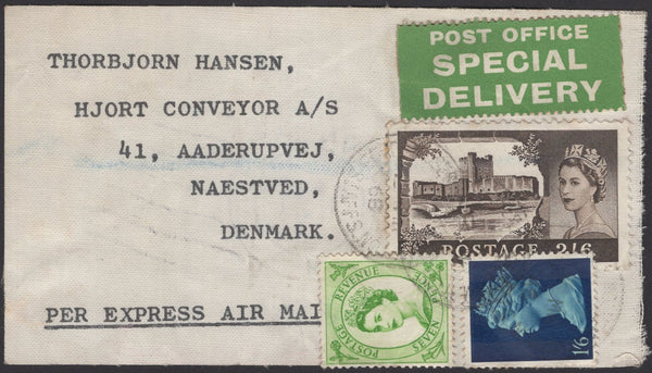 139828 1968 LINEN PARCEL TAG STAFFORDSHIRE TO DENMARK WITH 2/6 CASTLE AND 'POST OFFICE SPECIAL DELIVERY' LABEL IN GREEN.