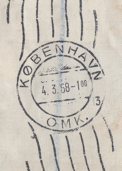 139828 1968 LINEN PARCEL TAG STAFFORDSHIRE TO DENMARK WITH 2/6 CASTLE AND 'POST OFFICE SPECIAL DELIVERY' LABEL IN GREEN.