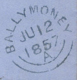 139837 1858 MAIL DUBLIN TO BALLYMONEY WITH 1D PL.27 SAVOY STREET PRINTING (SPEC C9A(1) DUBLIN SPOON TYPE A6 (RA68).