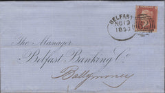 139838 1856 MAIL BELFAST TO BALLYMONEY WITH DIE 2 1D PL.45 (SG29) 'BELFAST/62' ENGLISH TYPE SPOON b (RA11).