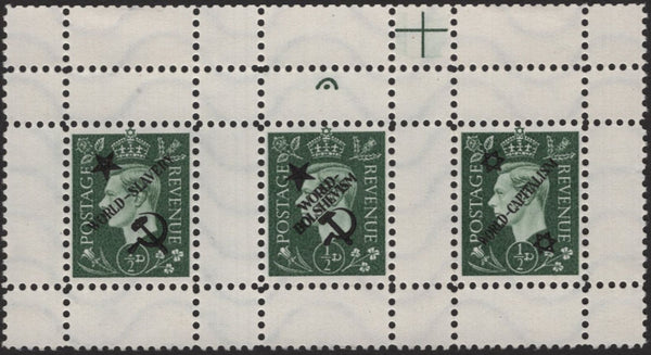 139917 1944 GERMAN PROPAGANDA FORGERY, UNUSED STRIP OF THREE ½D WITH RARE 'POLITICAL' OVERPRINTS.
