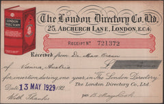 139922 1929 ILLUSTRATED ADVERT 'LONDON DIRECTORY' ON POST CARD LONDON TO VIENNA.
