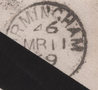 139925 1869 MOURNING ENVELOPE MORETON IN MARSH, GLOS TO BIRMINGHAM WITH 'Too Late' ITALIC TYPE HAND STAMP.
