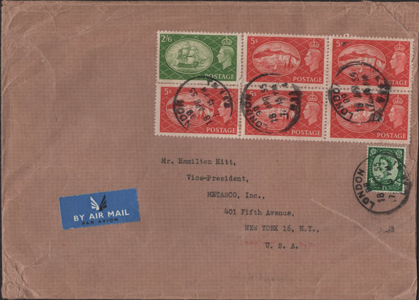 139964 1955 AIR MAIL LONDON TO NEW YORK WITH KGVI 2/6 YELLOW-GREEN (SG509) AND 5S RED (SG510) X 5.