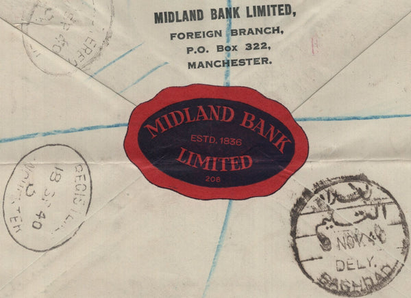 139972 1940 REGISTERED AIR MAIL MANCHESTER TO BAGHDAD, IRAQ WITH KGVI 2/6 BROWN (SG476) AND 5S RED (SG477).