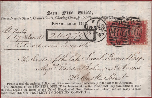 140011 1867 'Sun Fire Office' PRINTED WRAPPER USED LOCALLY IN LIVERPOOL WITH 1D PL.74 (SG43) X 2.