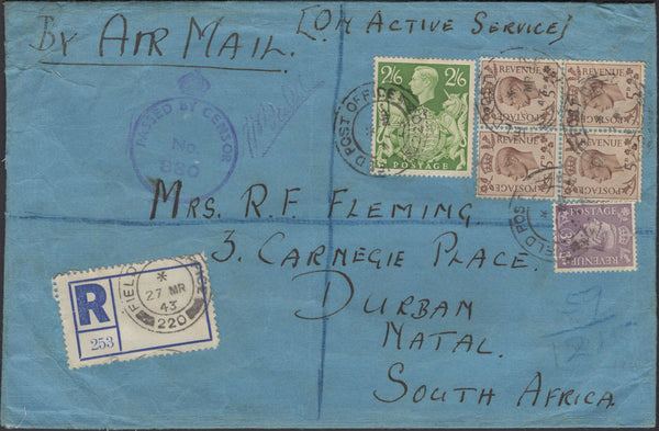 140038 1943 REGISTERED AIR MAIL 'FIELD POST OFFICE 220' (EGYPT) TO NATAL WITH KGVI 2/6 YELLOW-GREEN (SG476b).