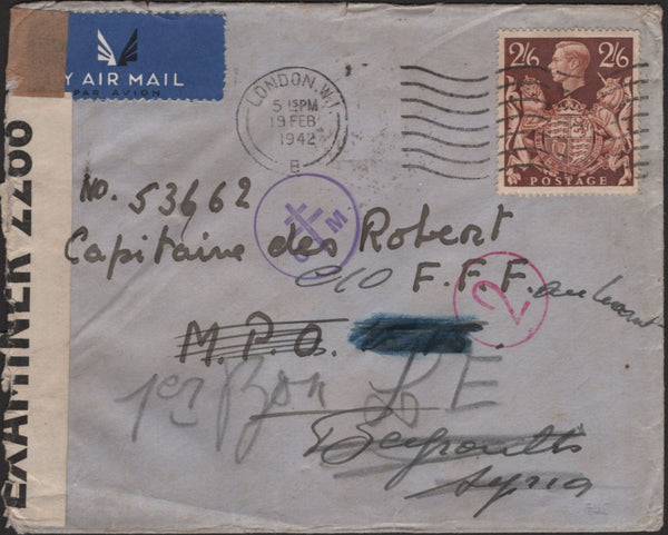 140041 1942 AIR MAIL LONDON TO 'BEYROUTH, SYRIA' WITH KGVI 2/6 BROWN (SG476).