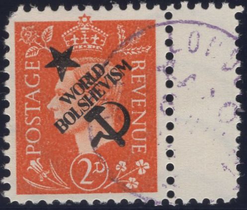 140245 1944 ½D TO 3D GERMAN PROPAGANDA FORGERIES EXTREME WORLD POLITICS 'Star/WORLD-BOLSHEVISM/Hammer and Sickle' OVERPRINT, SET OF SIX, SUPERB 'USED'.