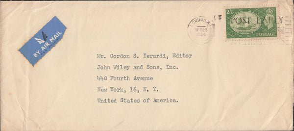 102920 1954 AIR MAIL LONDON TO NEW YORK USA WITH KGVI 2/6 YELLOW-GREEN (SG509).