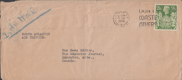 103956 - 1946 MAIL LONDON TO CANADA/2/6 YELLOW-GREEN (SG476b).