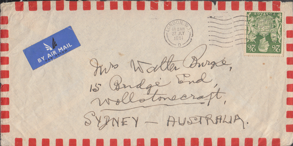 103957 1951 AIR MAIL LONDON TO AUSTRALIA WITH 2/6 YELLOW-GREEN (SG476b).