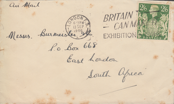 103958 - 1946 MAIL LONDON TO EAST LONDON, SOUTH AFRICA/2/6 YELLOW-GREEN (SG476b).