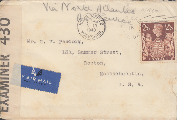 104004 - 1940 MAIL HUDDERSFIELD TO USA/2/6 BROWN (SG476).