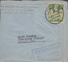 104096 - KGVI MAIL LONDON TO U.S.A./2/6 YELLOW-GREEN (SG476b)/POLISH LEAGUE.