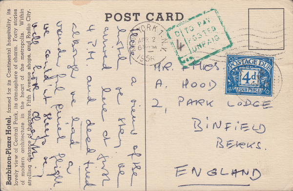 105455 - 1956 UNPAID MAIL NEW YORK TO BINFIELD, BERKS.