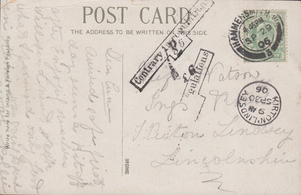 105466 - 1906 SURCHARGED POST CARD HAMMERSMITH TO KIRTON LINDSEY (LINCS).