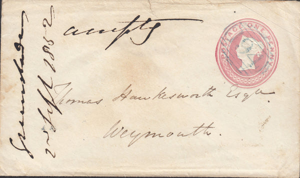 110311 - "194" NUMERAL OF CHARMOUTH (DORSET) IN BLUE ON 1D PINK ENVELOPE CHARMOUTH TO WEYMOUTH.