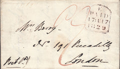 110400 - 1829 DORSET/"TOO LATE" HAND STAMP (DT63) OF BLANDFORD.