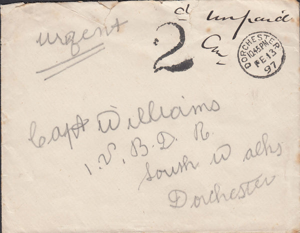 111358 - 1897 UNPAID MAIL USED LOCALLY IN DORCHESTER.