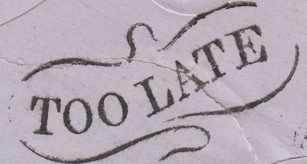 114398 1867 EDINBURGH "MAE WEST" "TOO LATE" HAND STAMP.