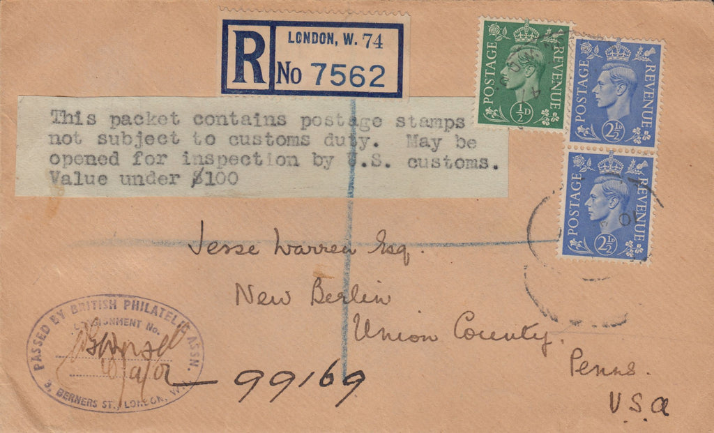 115401 1947 STAMP DEALER S MAIL LONDON TO USA B.P.A CACHET