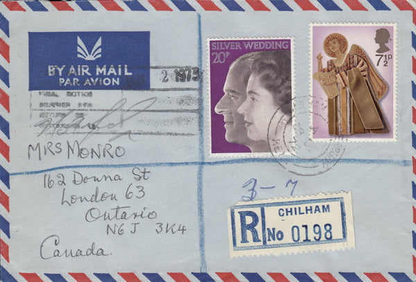 115749 1973 REGISTERED MAIL CHILHAM (KENT) TO CANADA.