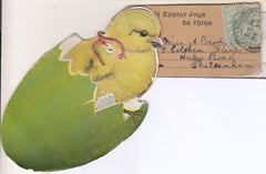 116769 CIRCA 1910 NOVELTY POST CARD WITH EASTER CHICK SITTINGBOURNE TO CHELTENHAM.