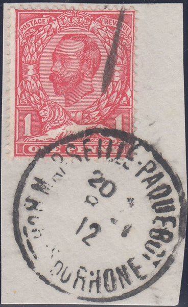 121024 1912 1D DOWNEY (SG332) WITH MARSEILLE PAQUEBOT CANCELLATION.